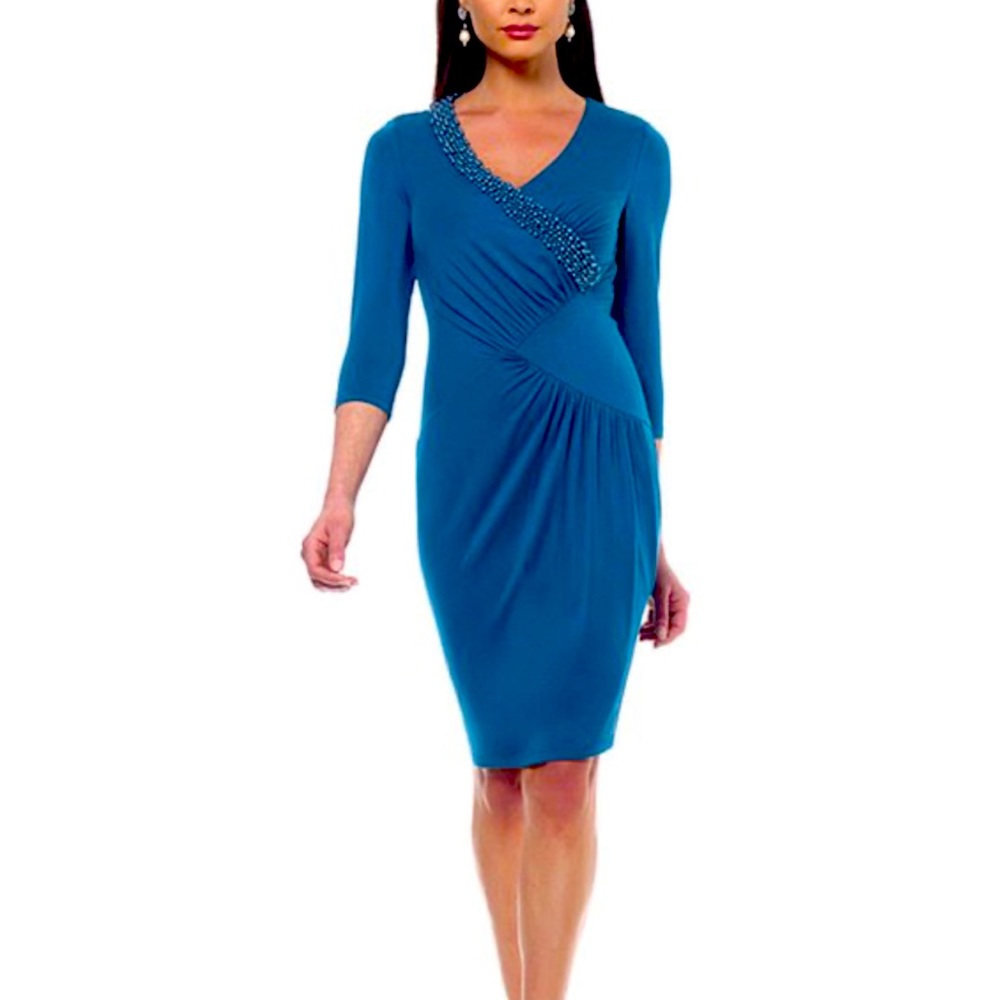 NUE by Shani Azure Blue Beaded Surplice Dress SIZE 6 with built in TUMMY CONTROL